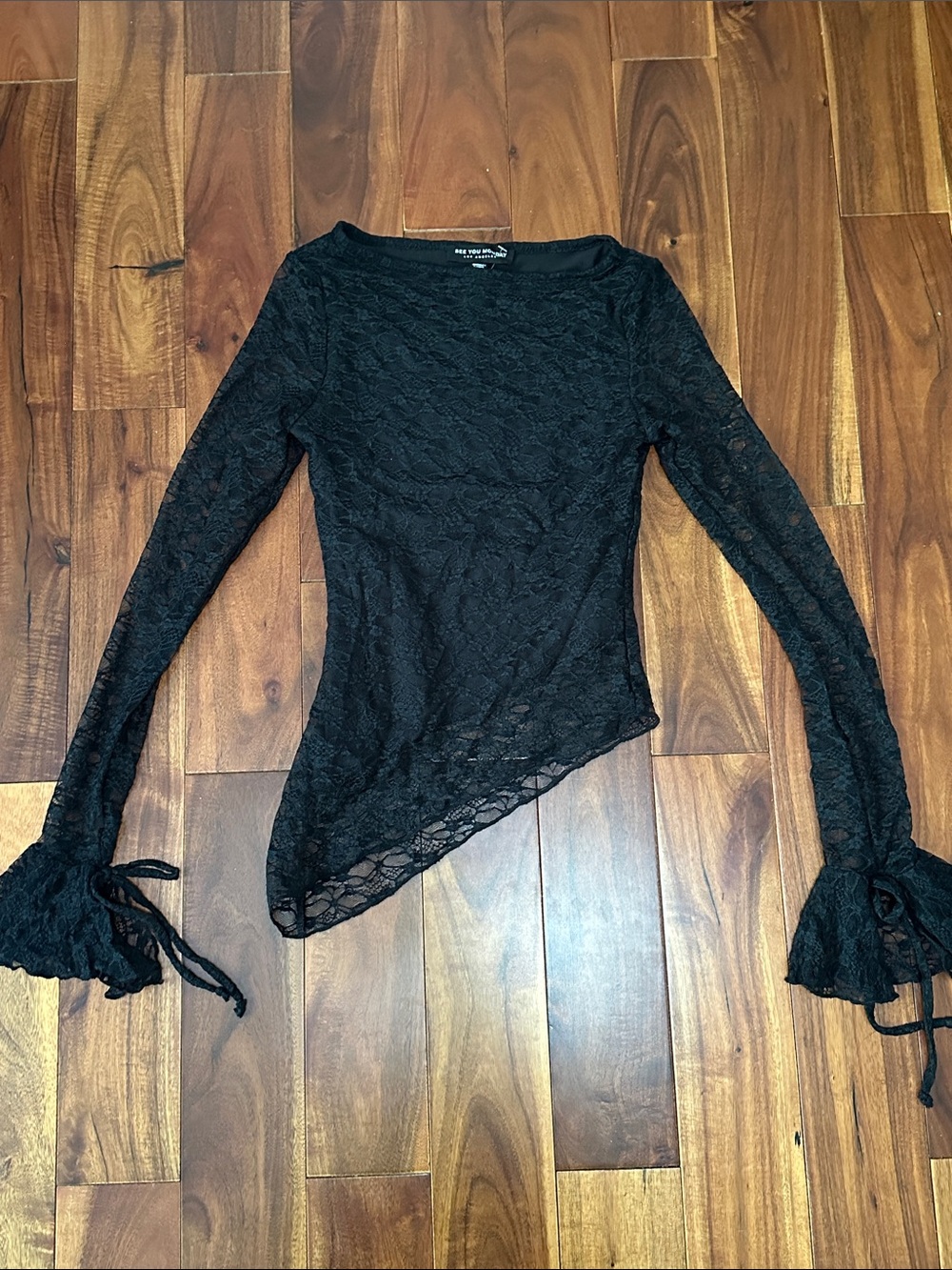 Lace Asymmetric Long Sleeve Tee with Flared Tie Cuffs